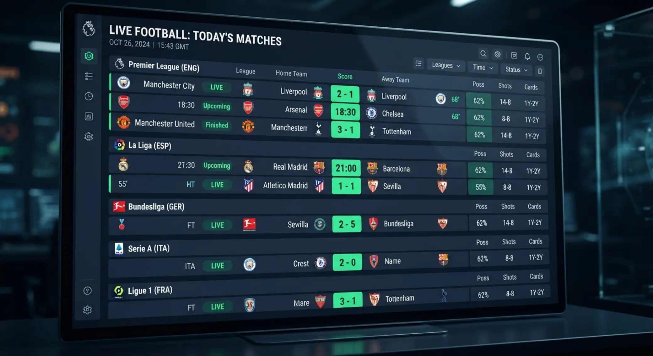 Lista visual de partidos de fútbol de hoy con ligas y horarios