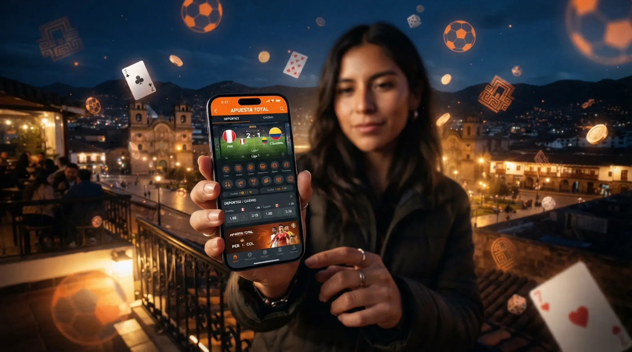 iPhone con app móvil estilo Betano y fondo deportivo en Perú