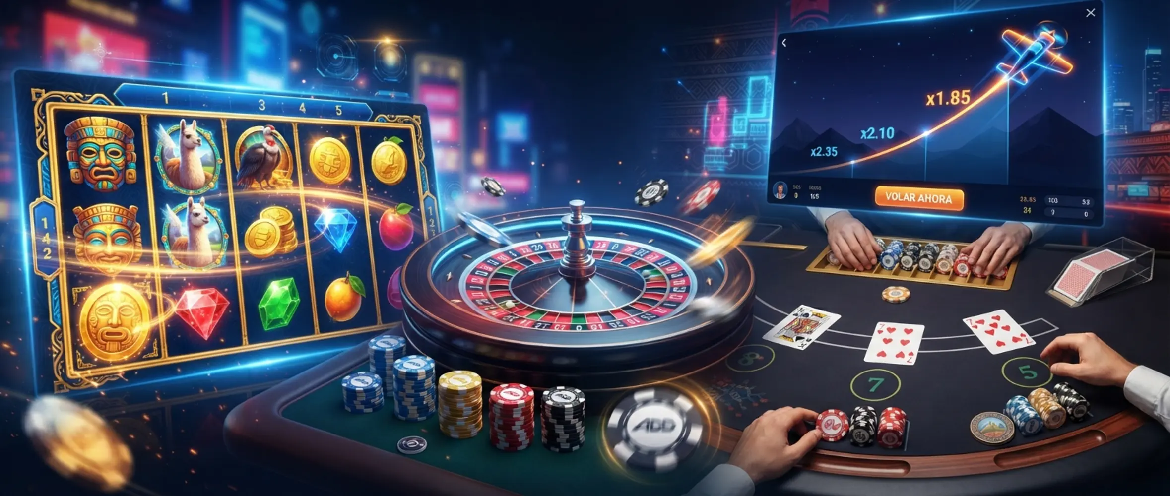 Collage de tragamonedas, ruleta, blackjack y juego crash en una interfaz moderna