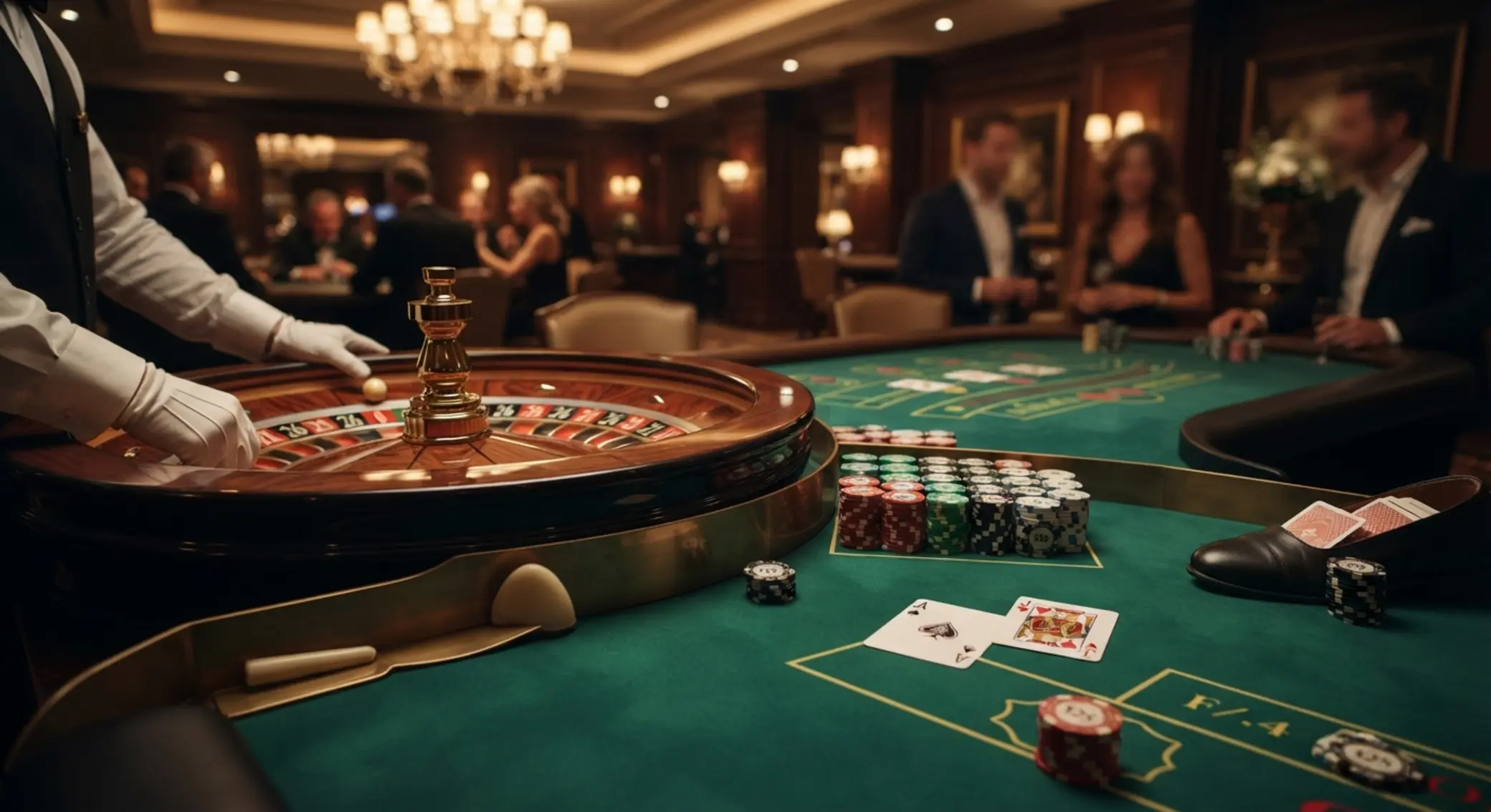 Mesa de ruleta y blackjack con ambiente de juego en vivo