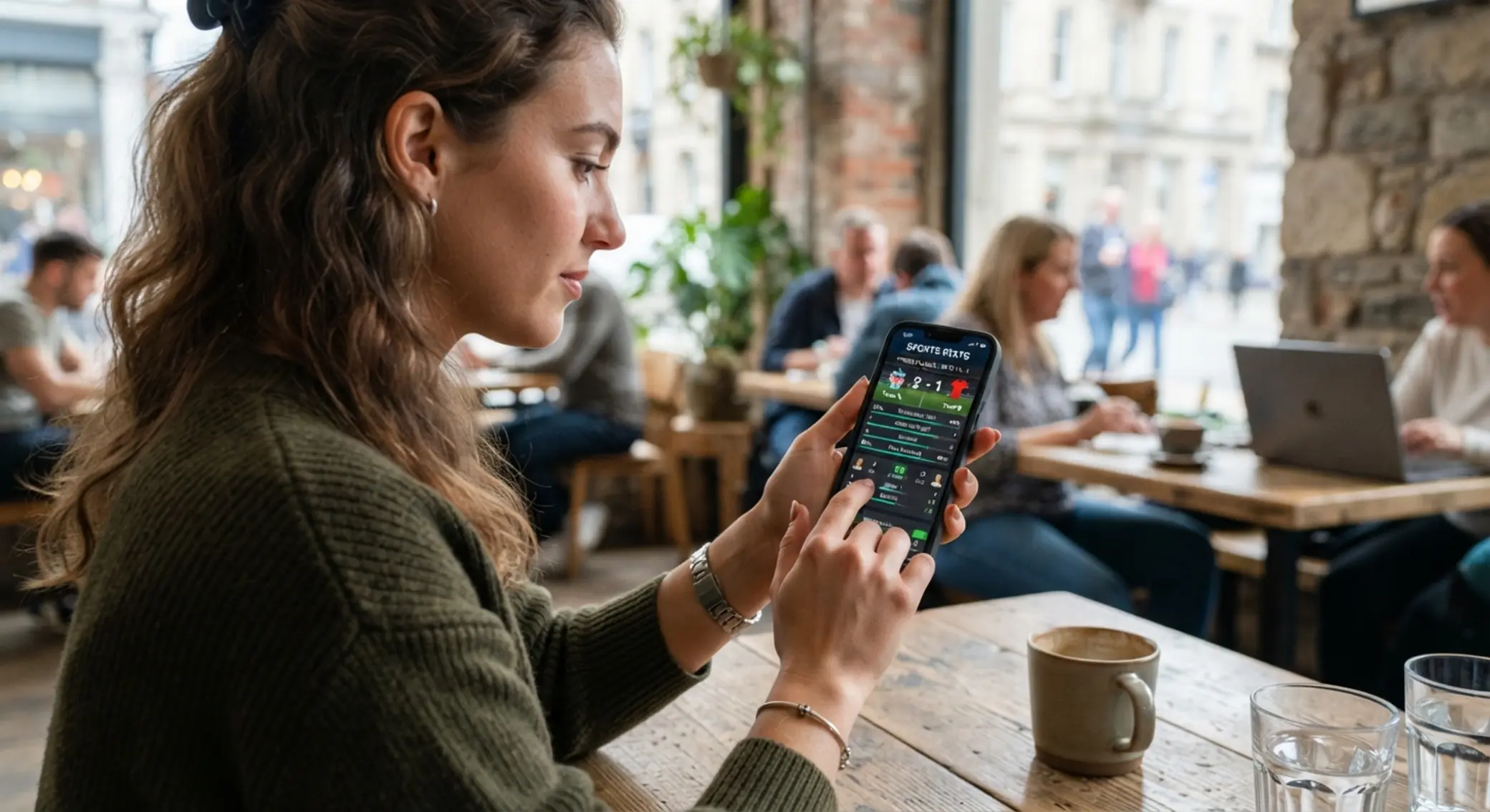 Usuario usando una app móvil con estadísticas y funciones en vivo