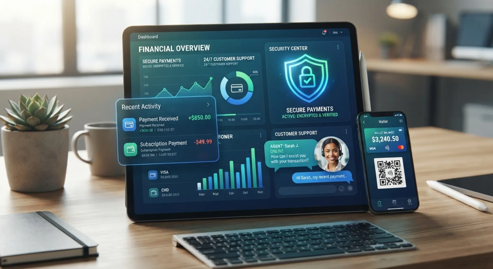 Ilustración de seguridad en pagos y atención al cliente digital
