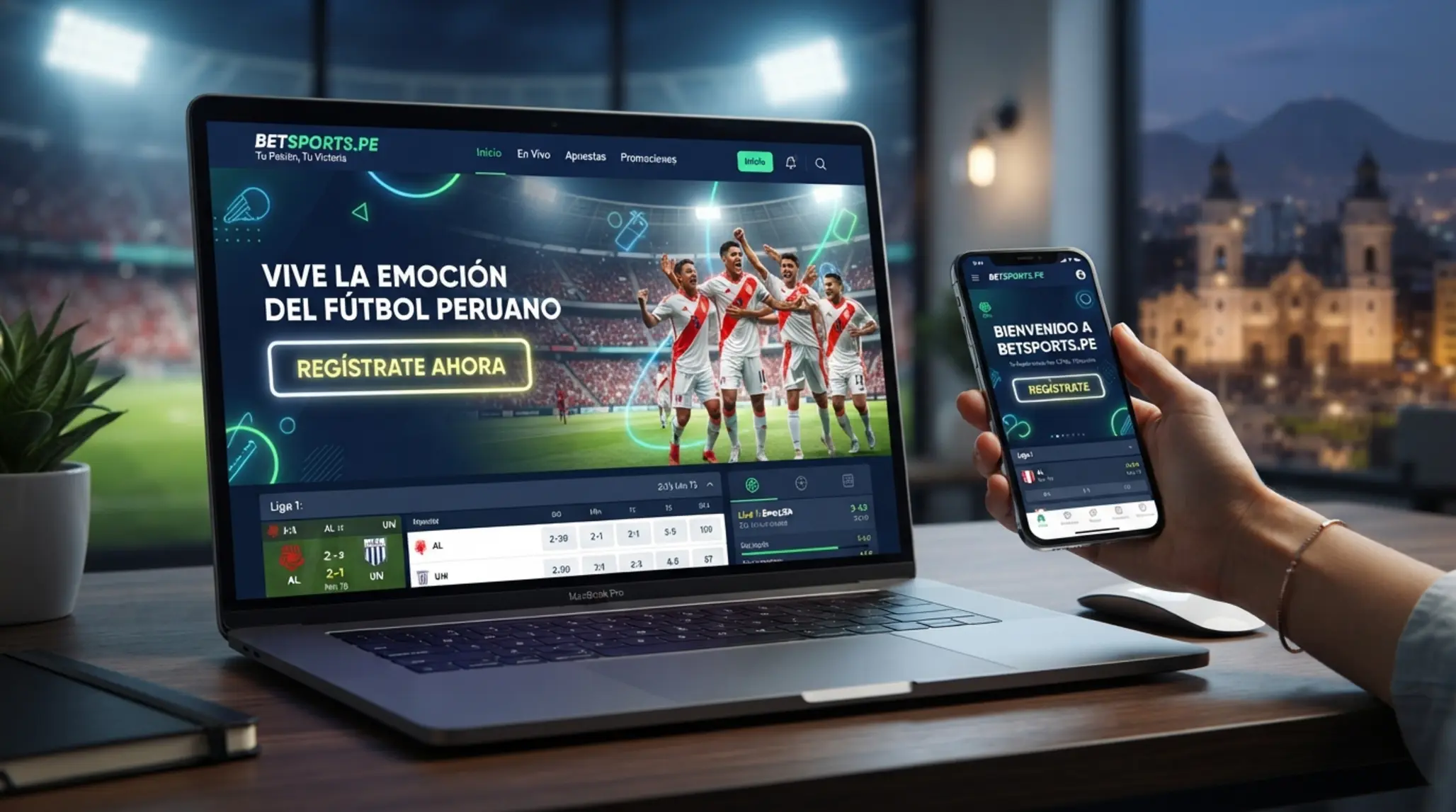 Pantalla web y móvil con acceso rápido al registro en una plataforma deportiva en Perú