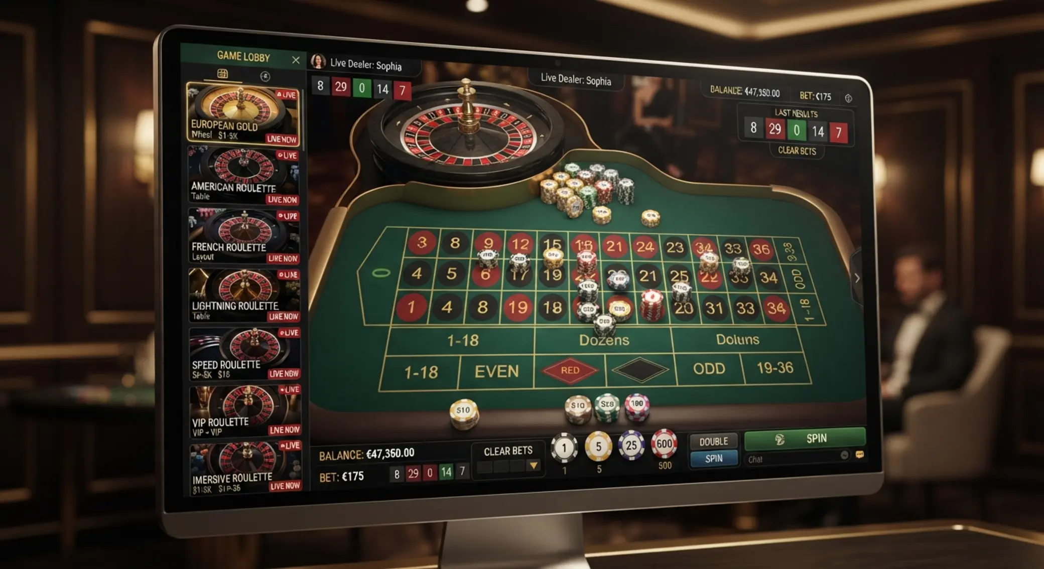 Interfaz de ruleta online con varias mesas y fichas