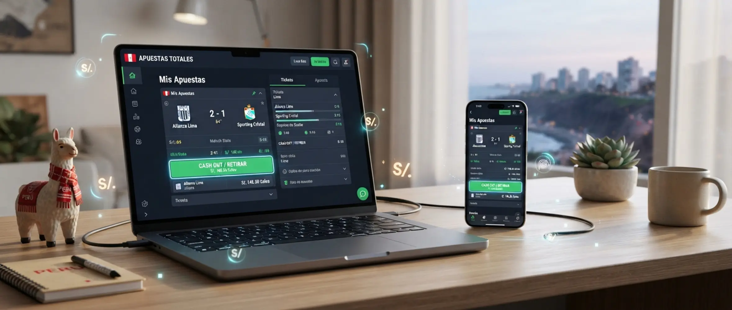 Laptop y móvil con opción de retiro rápido tipo Cash Out en un entorno inspirado en Perú